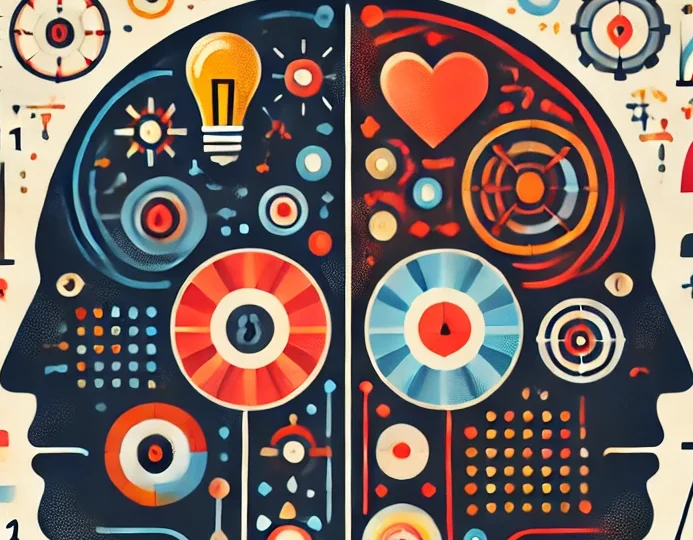 DALL·E 2024-12-31 10.54.55 – An infographic-style illustration representing Daniel Kahneman’s System 1 and System 2 thinking. The image shows two human heads side by side, with th