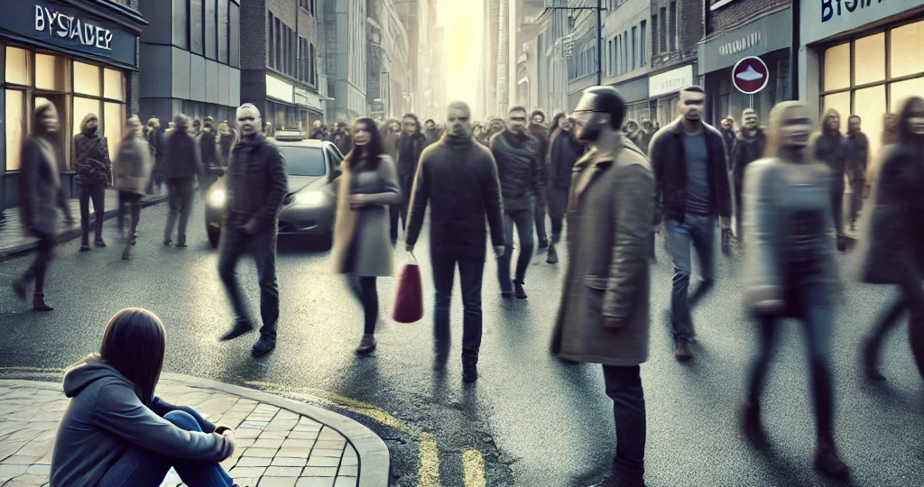 DALL·E 2025-01-21 21.39.01 – A striking representation of the psychology concept of the bystander effect. The scene depicts a busy urban street with a crowd of people walking past