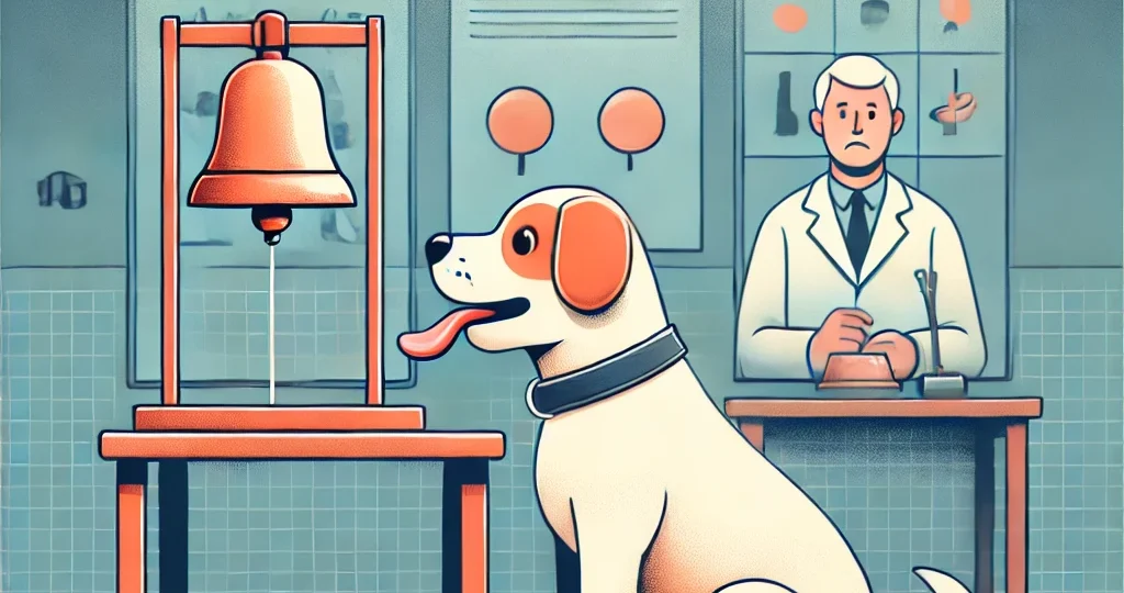 DALL·E 2025-01-28 21.48.27 – A visual representation of classical conditioning_ A dog sits in front of a food bowl with a bell ringing nearby. The dog salivates in response to the