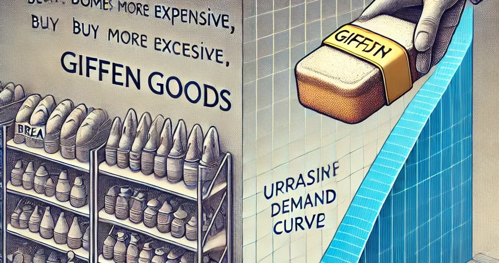 DALL·E 2025-03-16 20.52.24 – A conceptual illustration of Giffen goods. The image features a market scene where an essential good, like bread or rice, becomes more expensive, yet
