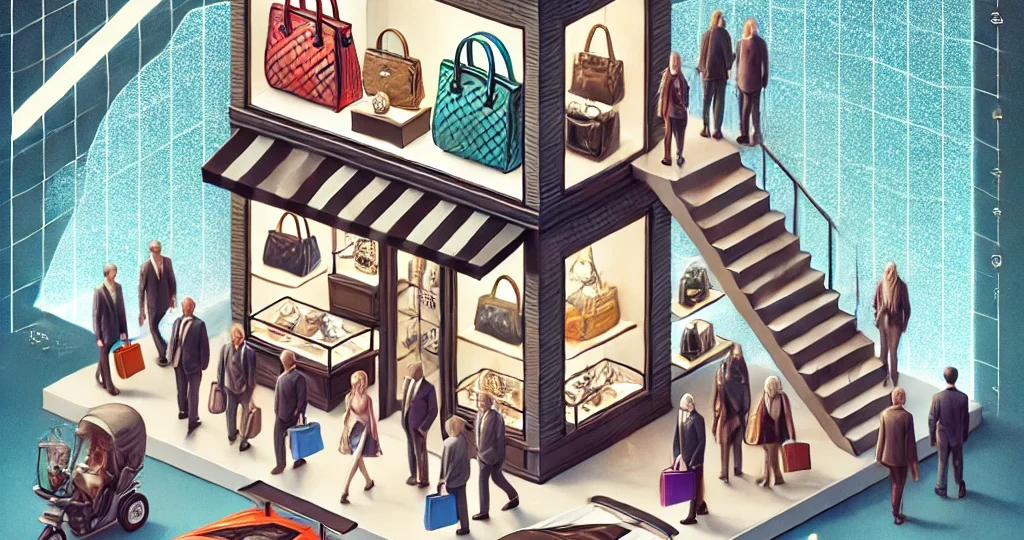 DALL·E 2025-03-17 21.18.20 – A conceptual illustration of Veblen goods. The image features a luxurious storefront displaying high-end items like designer handbags, jewelry, and sp