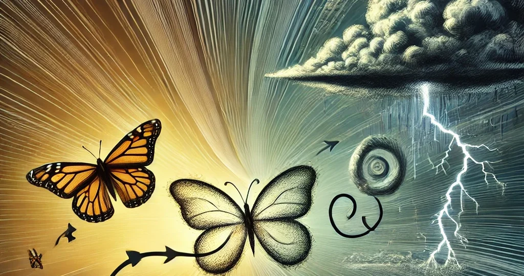 DALL·E 2025-03-20 20.57.21 – A conceptual illustration of the Butterfly Effect. The image features a small butterfly flapping its wings on one side, creating a chain reaction that