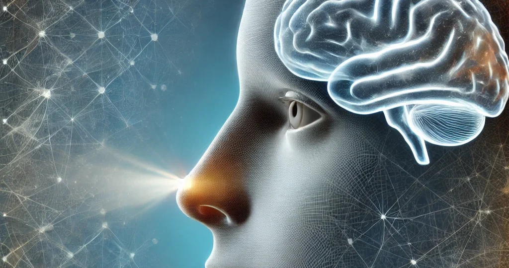 DALL·E 2025-03-21 21.26.16 – A conceptual illustration of why your brain ignores your nose. The image features a person looking forward, with a subtle transparent outline of their