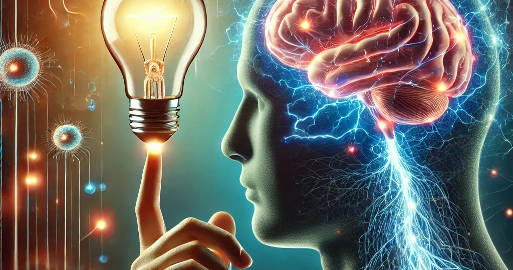 DALL·E 2025-03-23 20.48.41 – A conceptual illustration of ‘The Electric Power of Your Brain_ Enough to Light a Bulb.’ The image features a human brain emitting electrical signals,
