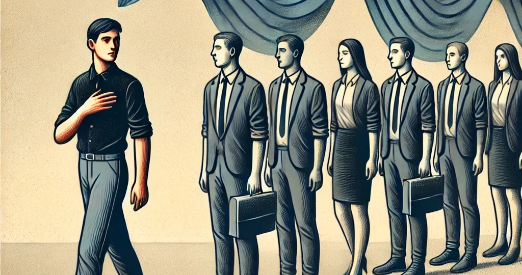 DALL·E 2025-03-24 22.16.27 – A conceptual illustration of Normative Social Influence. The image features a group of people dressed similarly and engaging in the same activity, whi