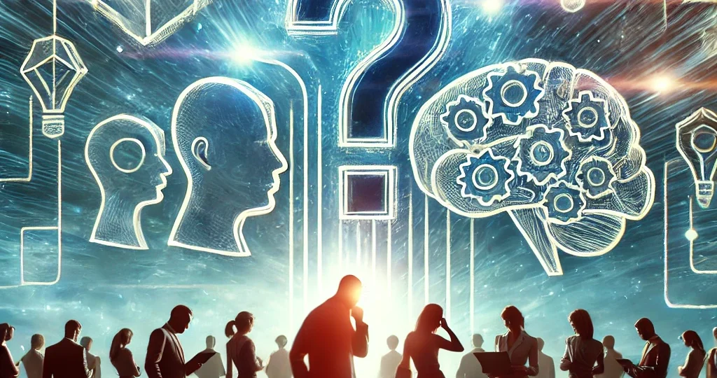 DALL·E 2025-03-25 20.51.36 – A conceptual illustration of Informational Social Influence. The image features a group of people looking at a complex problem or sign, with one indiv